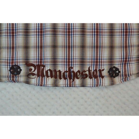 Manchester Men's Large Brown Plaid Embroidered Pearl Snap Western Shirt - Picture 8 of 16